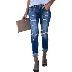 Allimy Women's High Rise Skinny Stretch Distressed Jeans, Blue, 8